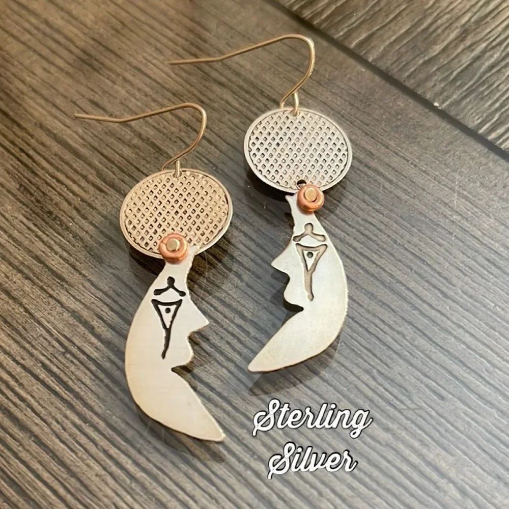 Vintage Artisan Sterling Silver Dangle Moon Earrings